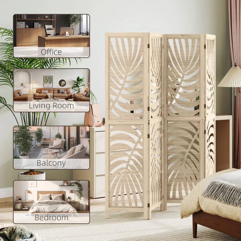 HOMCOM 4 Panel Room Divider, Detachable Folding Privacy Screens with Palm Leaf Design for Home Office, Natural Wood Finish