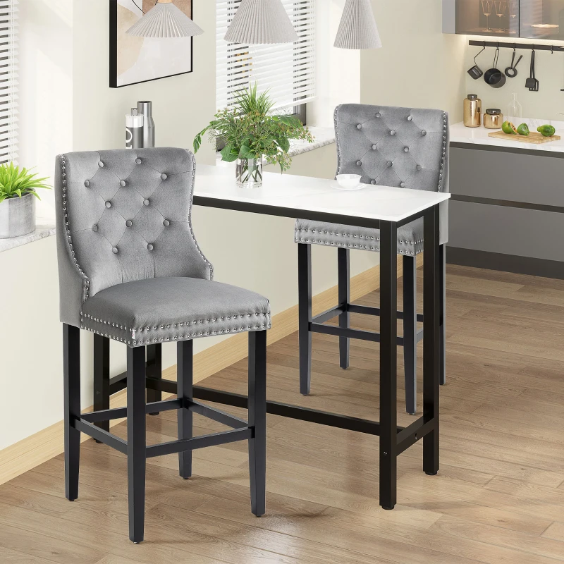HOMCOM Upholstered Fabric Bar Stool Set of 2, Button Tufted 29.5" Seat Height Pub Chairs with Back & Wood Legs, Grey