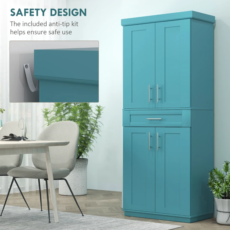 HOMCOM Modern Kitchen Pantry Freestanding Cabinet Cupboard with Doors and Drawer, Adjustable Shelving, Turquoise