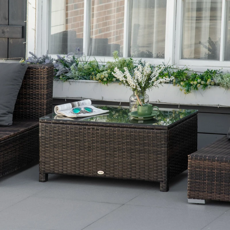 Outsunny Rattan Wicker Coffee Table with Glass Top Outdoor Garden Patio Furniture Brown Tempered