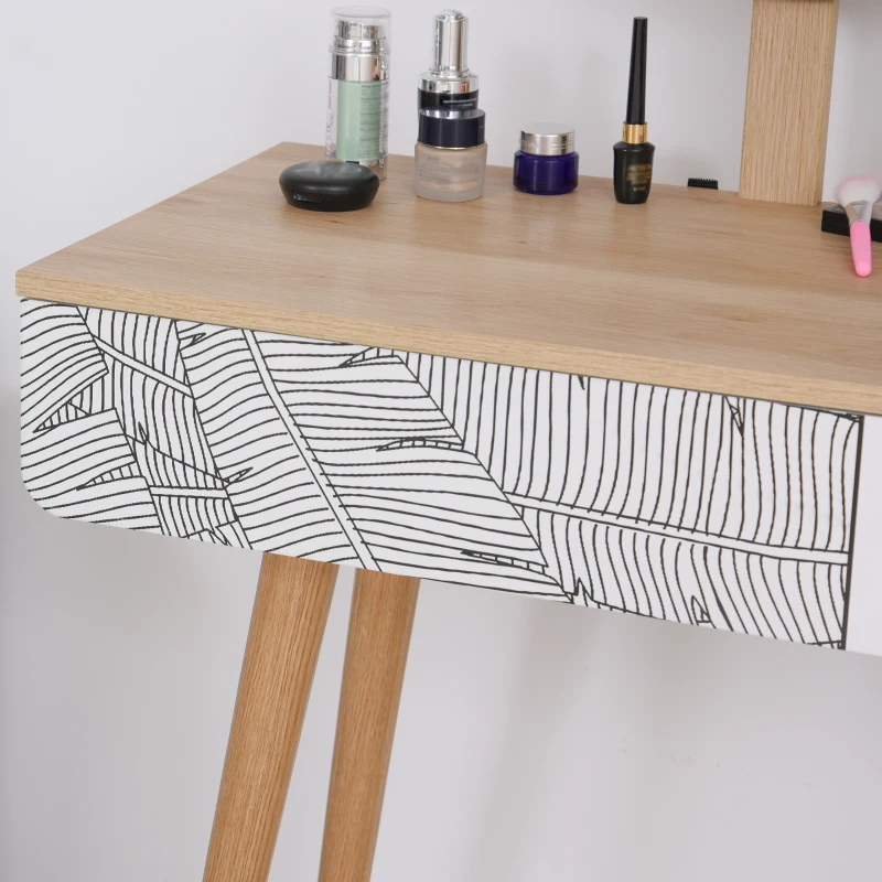 HOMCOM Vanity Table, Makeup Vanity with Drawer and Height Adjustable Mirror, Dressing Table with Wood Legs for Bedroom, Oak