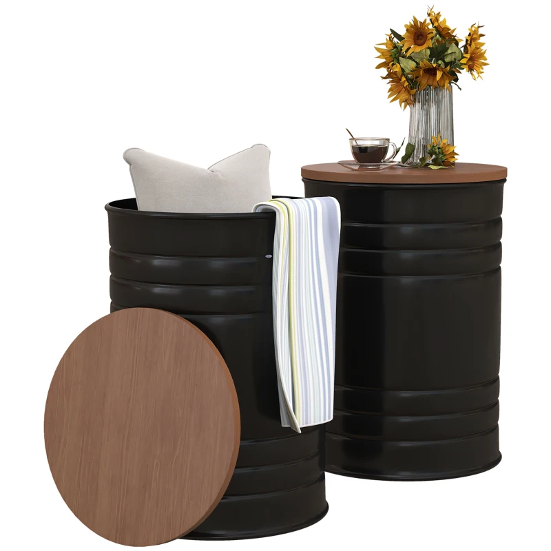 HOMCOM Round Storage Ottoman Set of 2, Nesting Ottomans with Wooden Lid, Metal Frame and Hidden Storage Space for Bedroom