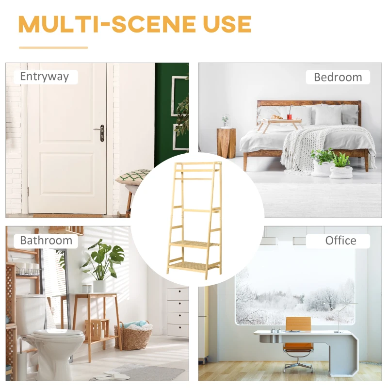 HOMCOM Bamboo Garment Rack, Freestanding Wooden Clothing Rack with 3 Tier Storage Shelves, Hooks and Hanging Rail for Entryway, Bedroom and Office, Natural