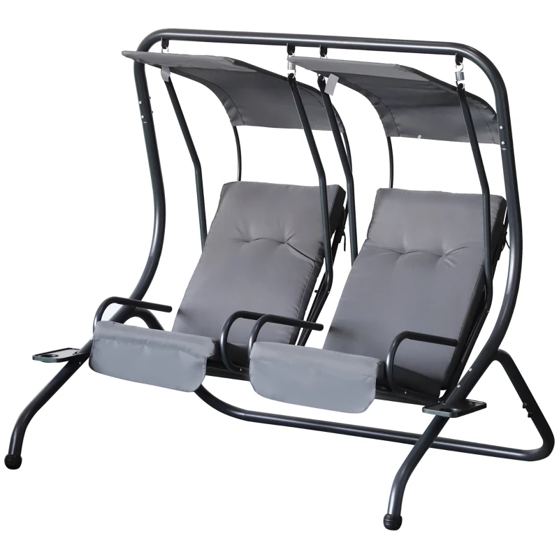 Outsunny Patio Swing Chair with 2 Separate Seats, Outdoor Swing Glider with Removable Canopy and Cup Holders, for Porch, Garden, Poolside, Backyard, Gray