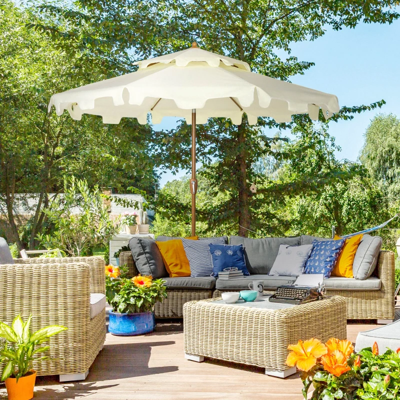 Outsunny 9' Patio Umbrella with Push Button Tilt and Crank, Double Top Ruffled Outdoor Market Table Umbrella with 8 Ribs, for Garden, Deck, Pool, Cream White