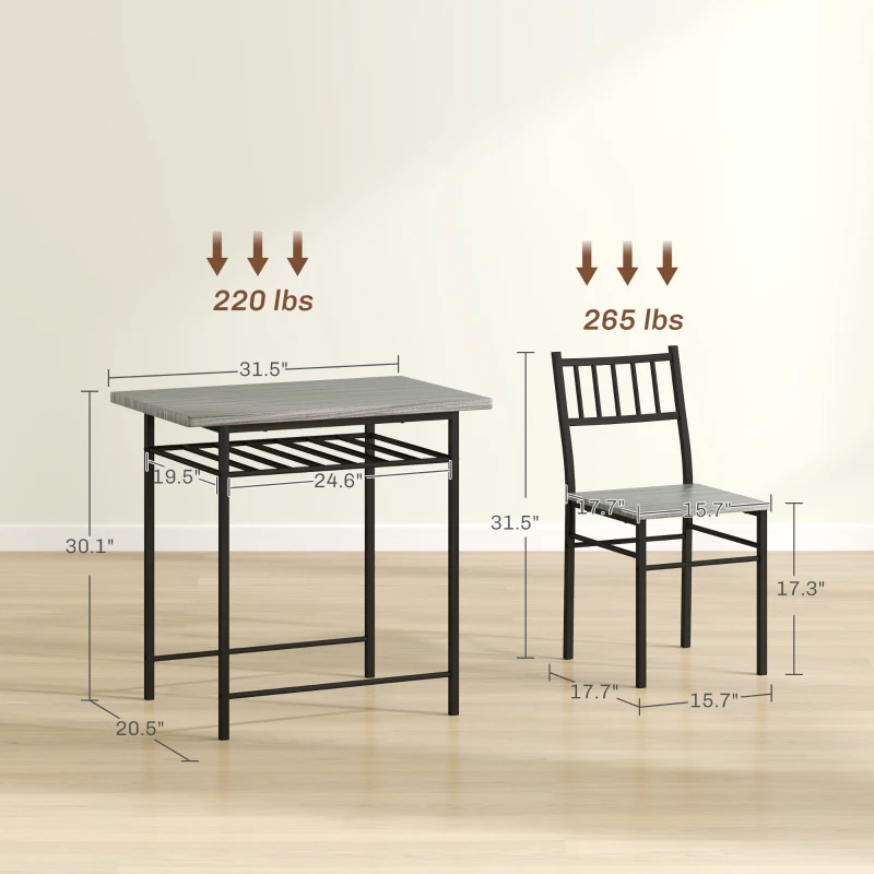 HOMCOM 3-Piece Small Dining Table Set for 2, Kitchen Table and Chairs with Storage Rack and Steel Frame, Gray