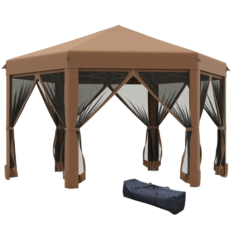 Outsunny 12.5' Pop Up Gazebo Hexagonal Canopy Tent Outdoor Shelter Pavilion Sun Protection with Mesh Sidewalls, Handy Bag, Dark Brown