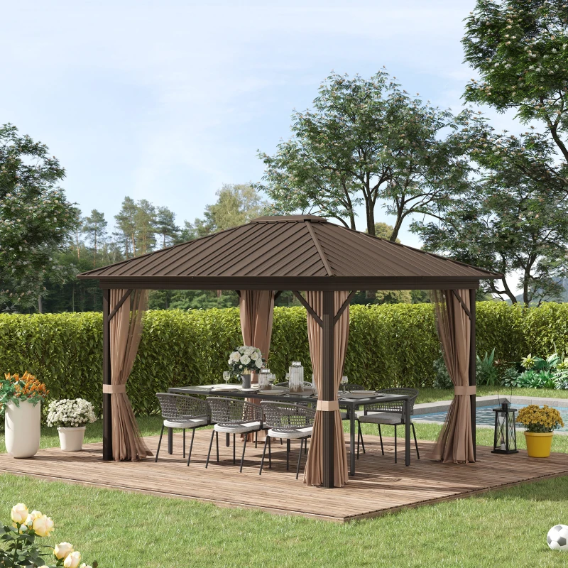 Outsunny 10' x 12' Outdoor Hardtop Gazebo Metal Roof Patio Gazebo with Aluminum Frame, Mesh Nettings, Curtains and Roomy Interior Space, Brown