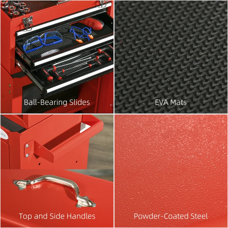 DURHAND 2 In 1 Detachable Tool Box and Tool Cabinet, 3-Drawer Rolling Tool Chest Cabinet on Wheels with Lock and 2 Keys, Red