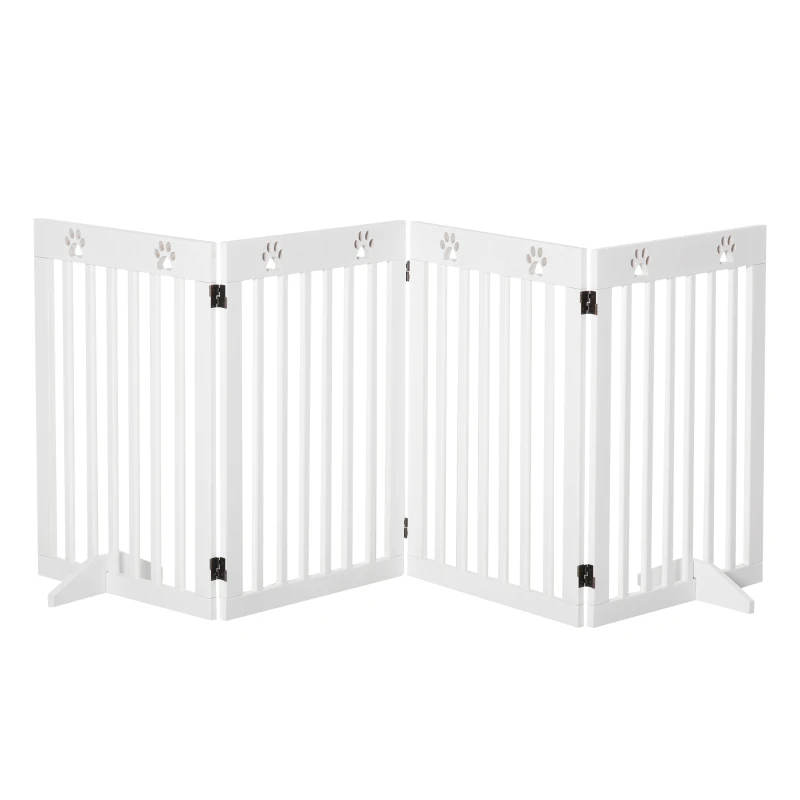 PawHut 29"H Freestanding Folding Pet Gate, Wooden Dog Barrier Fence, with 4 Panels and Dual Hinged Design for Doorways, or Stairs, White
