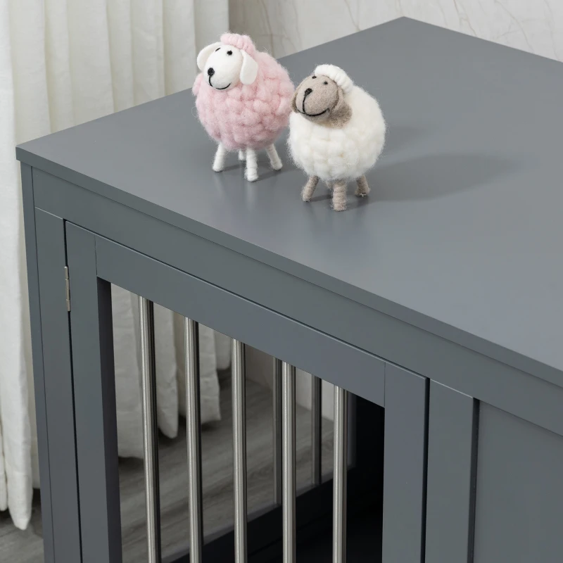 PawHut Dog Crate Furniture Wire Pet Cage Wooden Dog Kennel, End Table with Double Doors, and Locks, for Medium and Large Dog House Indoor Use, Gray