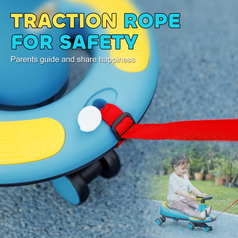 Qaba Kids Wiggle Car w/ Parent Traction Rope, Music, Light, Blue