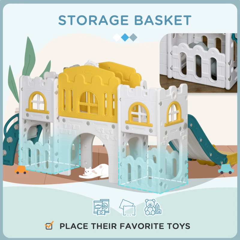 Qaba 7 in 1 Toddler Slide with Basketball Hoop, Climber, Telescope, Tunnel, Steering Wheel, for 1-3 Years, Yellow