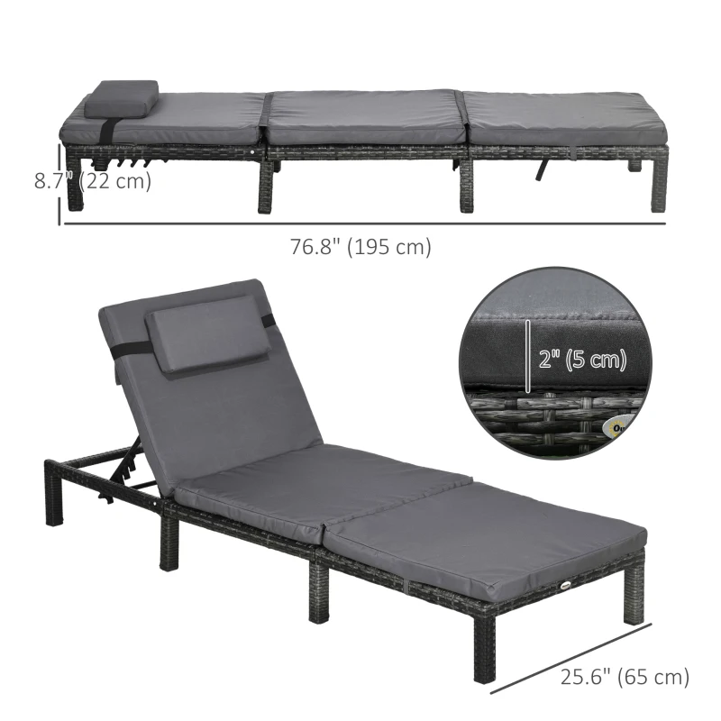Outsunny Outdoor Lounger, Patio Lounger with 5-Level Adjustable Back, Headrest for Poolside, Garden, Backyard, Dark Grey