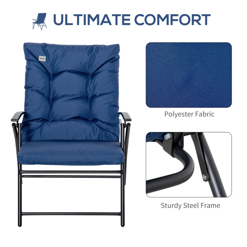 Outsunny Foldable Lounge Chair, Fabric Upholstered Recliner, Outdoor Lounger with Armrest, Metal Frame for Backyard, Blue