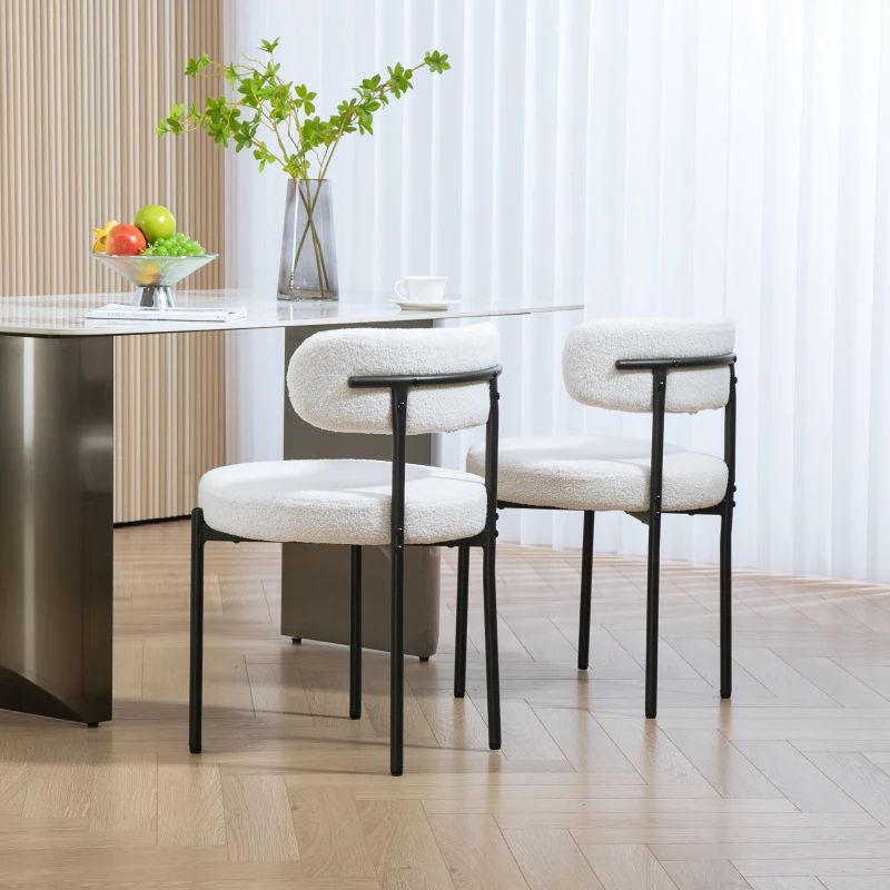 HOMCOM 2 Pieces Kitchen Chairs, Modern Dining Chairs w/ Berber Fleece Upholstery and Steel Legs for Living Room, Cream White