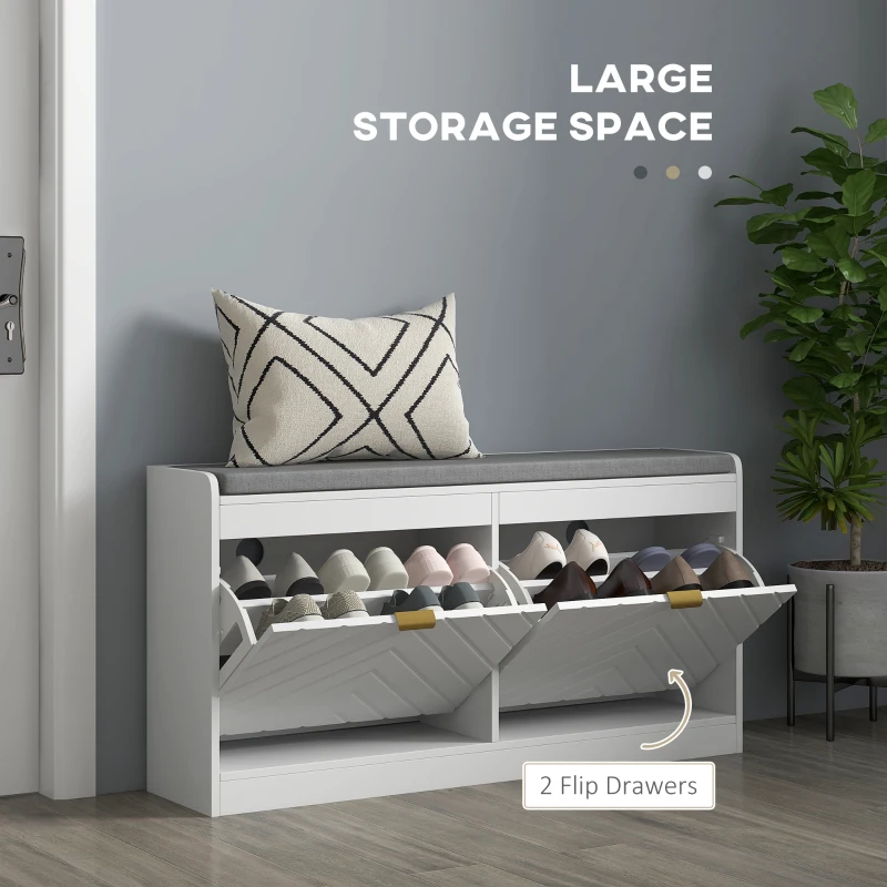 HOMCOM Narrow Storage Bench, Upholstered Entry Way Bench, Shoe Rack Bench with 2 Flip Drawers, 2 Vents for 8 Pairs of Shoes
