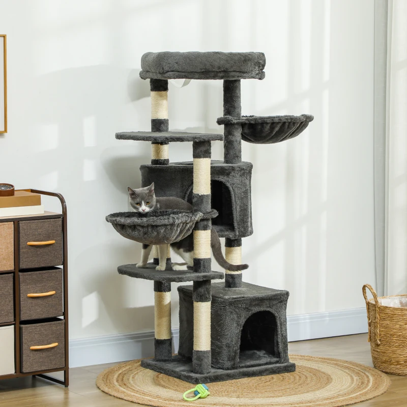 PawHut 52.5" Cat Tree Tower with Scratching Posts, Cat Condos, Bed, Platforms, Hammocks, for Indoor Cats, Dark Grey