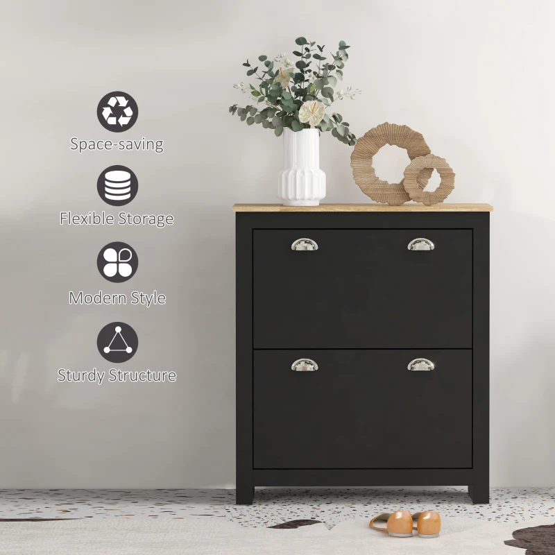 HOMCOM Small Shoe Cabinet with 2 Flip Drawers and Adjustable Shelves, 12 Pair Shoe Storage Organizer for Hallway, Black