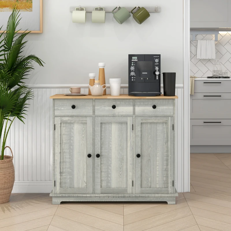 HOMCOM Kitchen Storage Cabinet, Sideboard Floor Cupboard with Solid Wood Top, Adjustable Shelf, and 3 Drawers, Light Gray