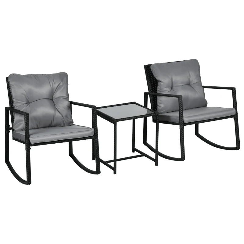 Outsunny 3 Pieces Rocking Bistro Set, Outdoor Wicker Patio Furniture with Glass Coffee Table and Outside Rocking Chairs for Porch, Lawn, Conversation Sets with Thick Cushions, Gray