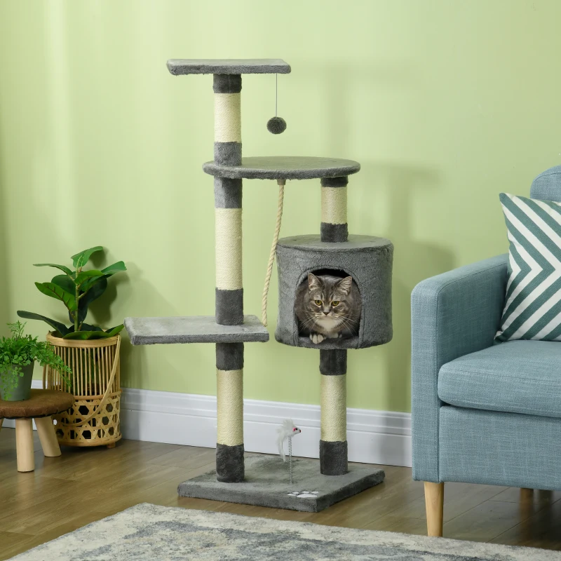 PawHut 46Inch Scratching Cat Tree, Multi Level Cat Tower for Large Cats Adult with Toys and Condo, Grey