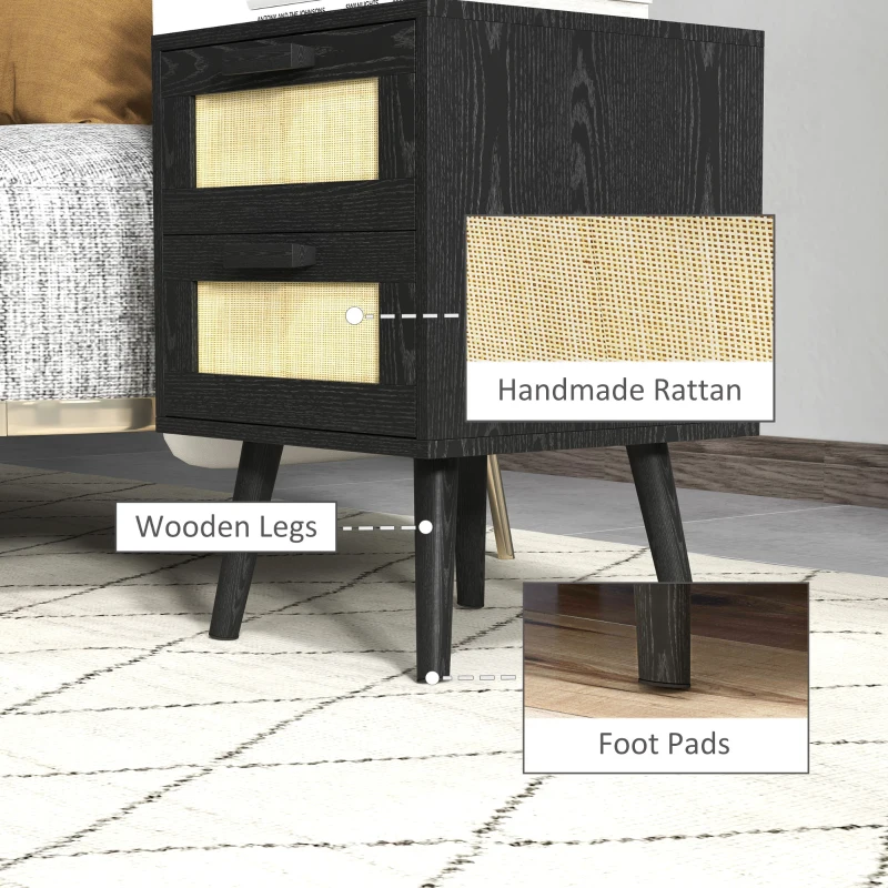 HOMCOM Boho Nightstands Set of 2, Bedside Tables with 2 Drawers for Living Room, Bedroom, Black