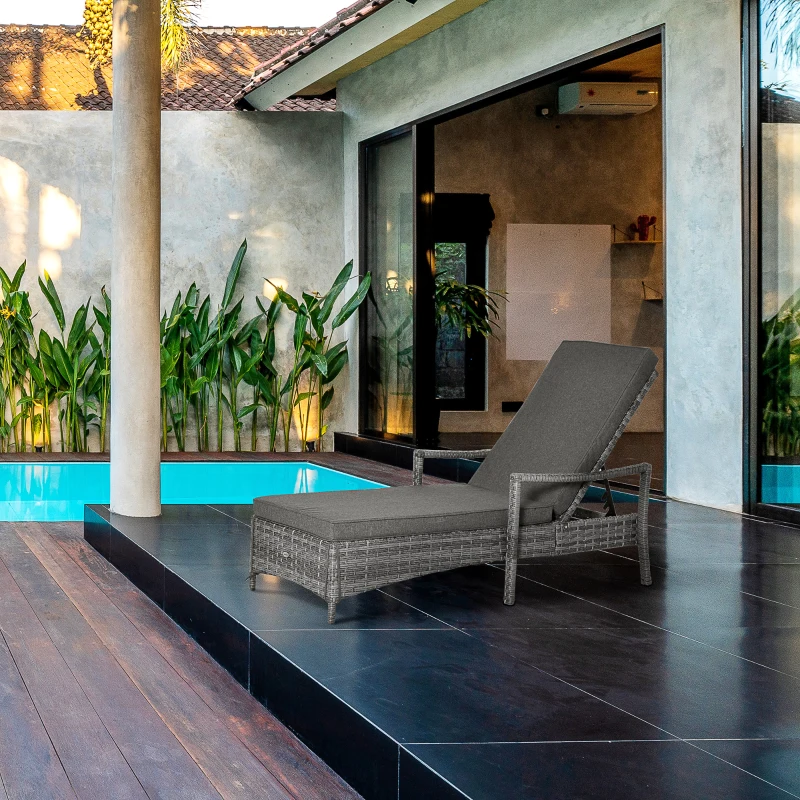 Outsunny Wicker Chaise Lounge, 4 Position Adjustable Backrest and Cushions Outdoor Lounge Chair PE Rattan Sun Lounger for Poolside, Balcony or Garden, Dark Grey