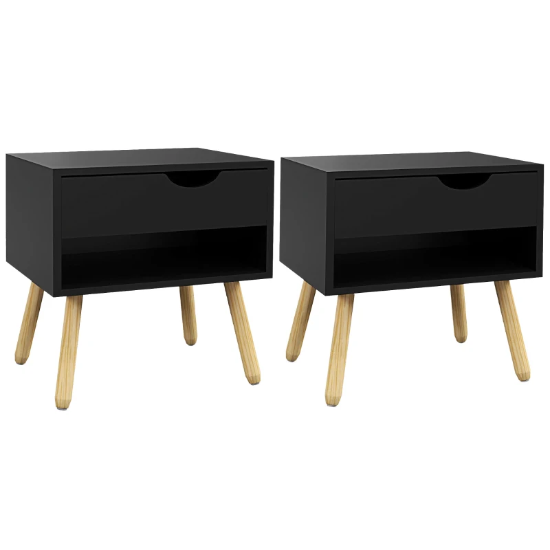 HOMCOM Set of 2 Nightstands with Storage Drawer and Shelf, Modern Bedside Table for Bedroom, Black