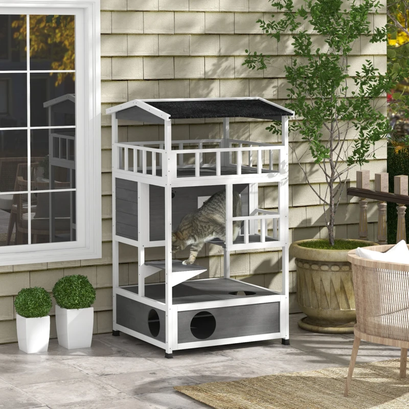 PawHut Wooden Outdoor Cat House with Asphalt Roof, Escape Doors, Condo, Jumping Platform, Light Gray