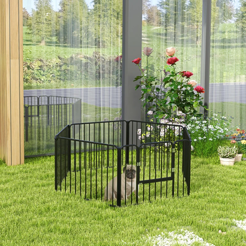 PawHut Dog Fence Outdoor 6 Panels 24" Height Indoor Steel Pet Exercise Pen DIY Design for Small Dogs