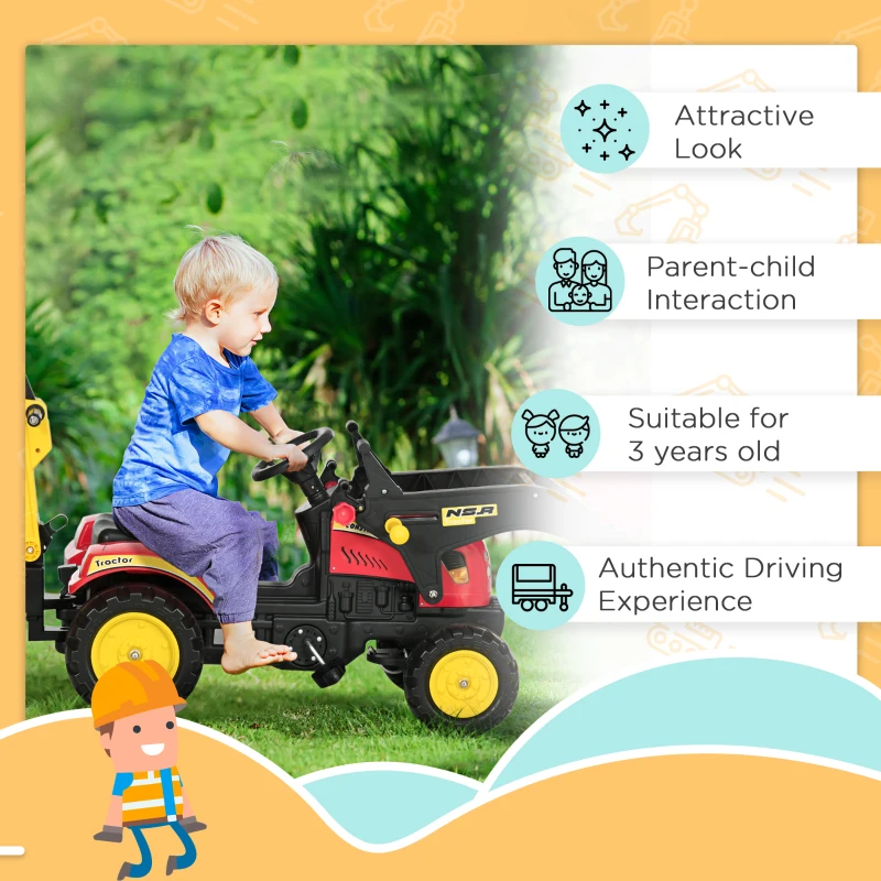 Aosom 3 in1 Kids Ride On Excavator/Bulldozer, Pedal Car Digger Toy Move Forward/Back with 6 Wheels and Detachable Cargo Trailer