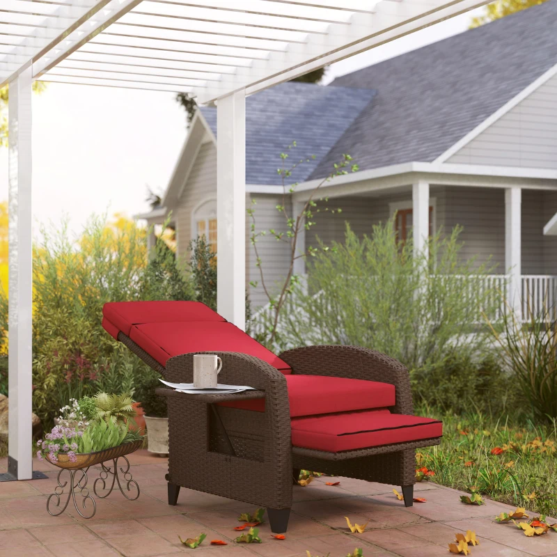 Outsunny Outdoor Recliner Chair with Adjustable Backrest, Cushion, Side Tray, Wine Red