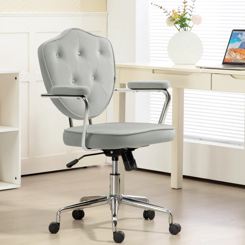 HOMCOM Cute Office Chair, Desk Chair with Button Tufted Velvet-Feel Fabric, Swivel Computer Vanity Chair, Gray