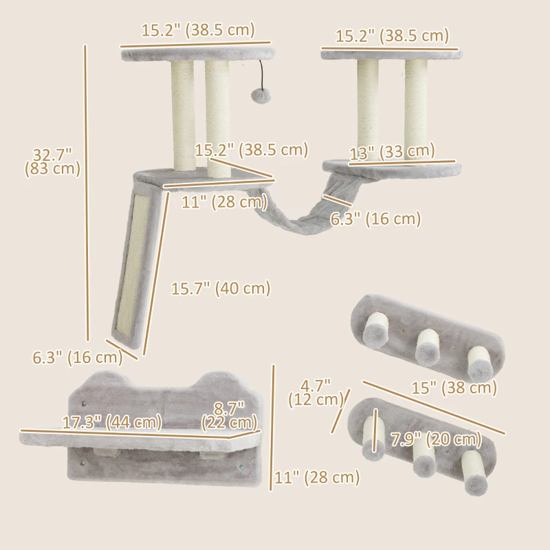 PawHut 3PCs Cat Wall Shelves w/ Scratching Post, Perches, Steps, Ladder, Light Grey