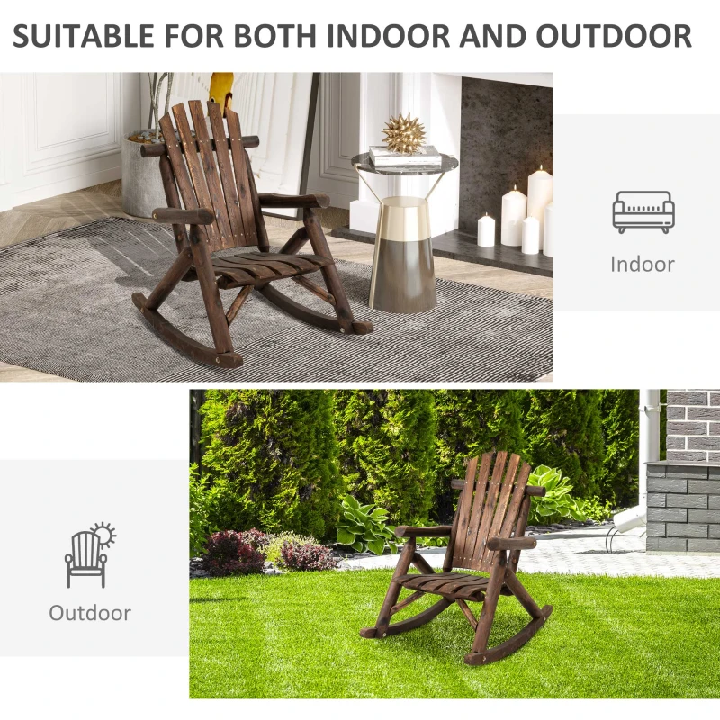 Outsunny Outdoor Wooden Rocking Chair, Single-Person Adirondack Rocking Patio Chair with Rustic High Back, Slatted Seat and Backrest for Indoor, Backyard, Garden, Carbonized