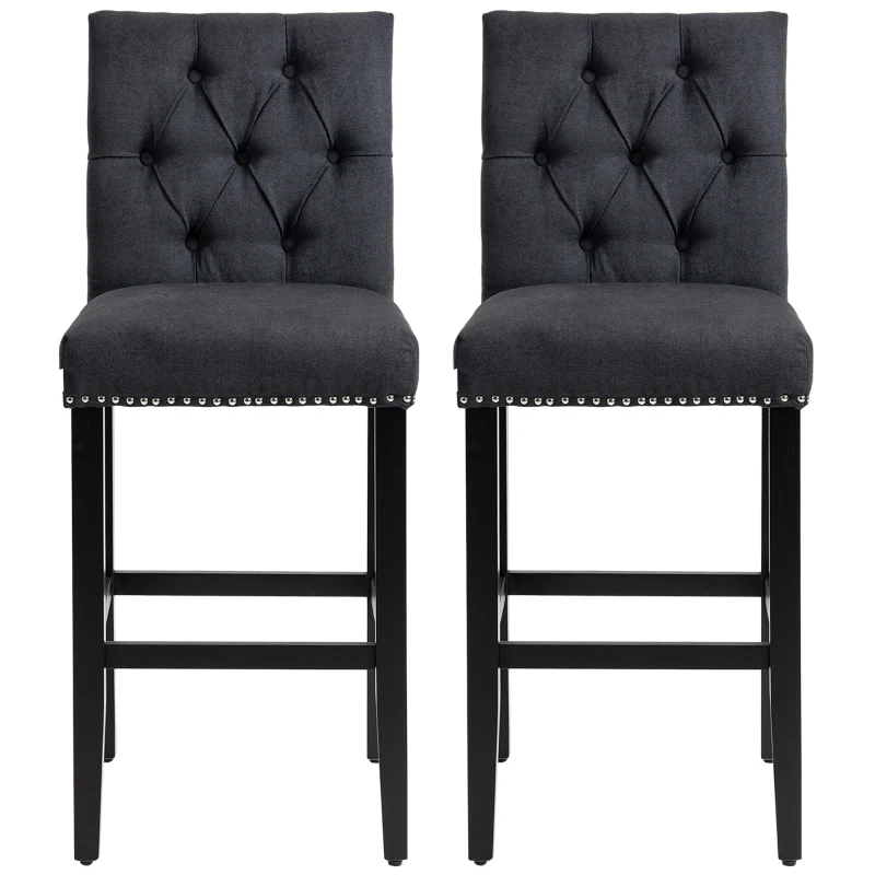 HOMCOM Fabric Bar Stool Set of 2, Tall 29.5" Seat Height Bar Chairs with Tufted Back & Wood Legs, Dark Grey