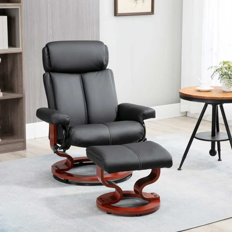 HOMCOM Recliner Chair with Ottoman, 360° Swivel Reclining Chair with Wood Base and Matching Footrest, Black
