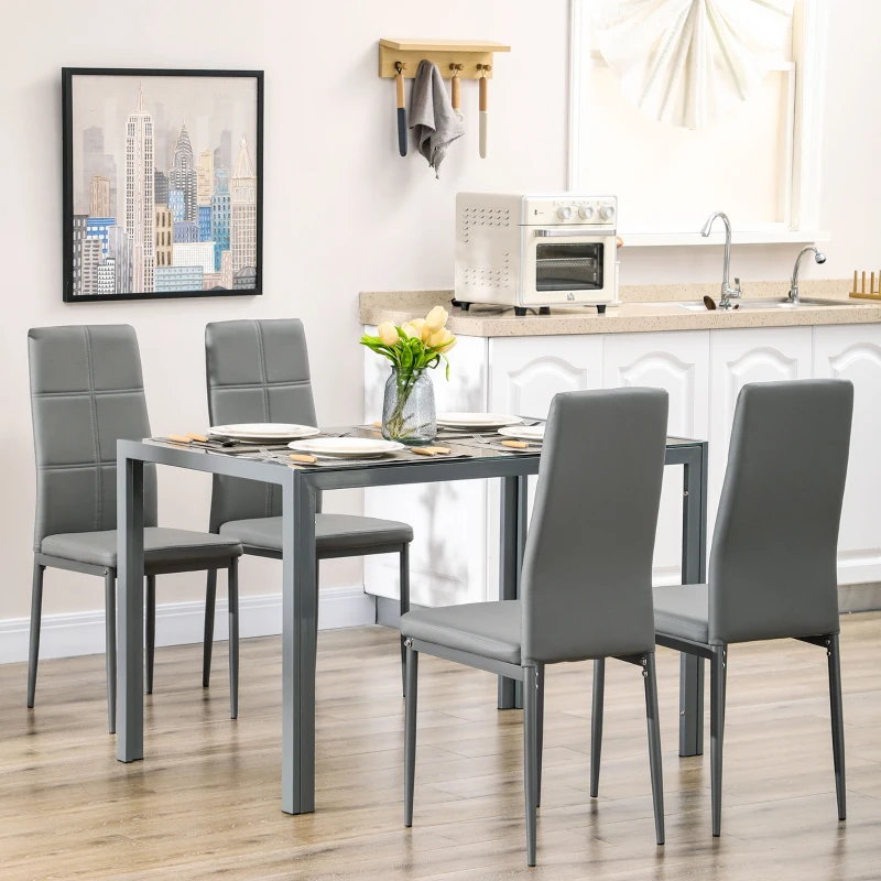 HOMCOM 5-Piece Rectangular Glass Kitchen Table and Chairs with Metal Frame and Faux Leather Upholstery for Dining Room, Grey