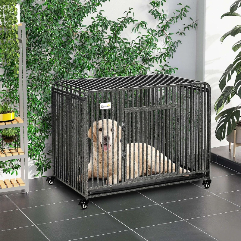 PawHut Foldable Heavy Duty Dog Cage, Chew Proof Dog Crate on Wheels, Portable Dog Crate Kennel with Removable Tray, Large and Medium Pups, 43"