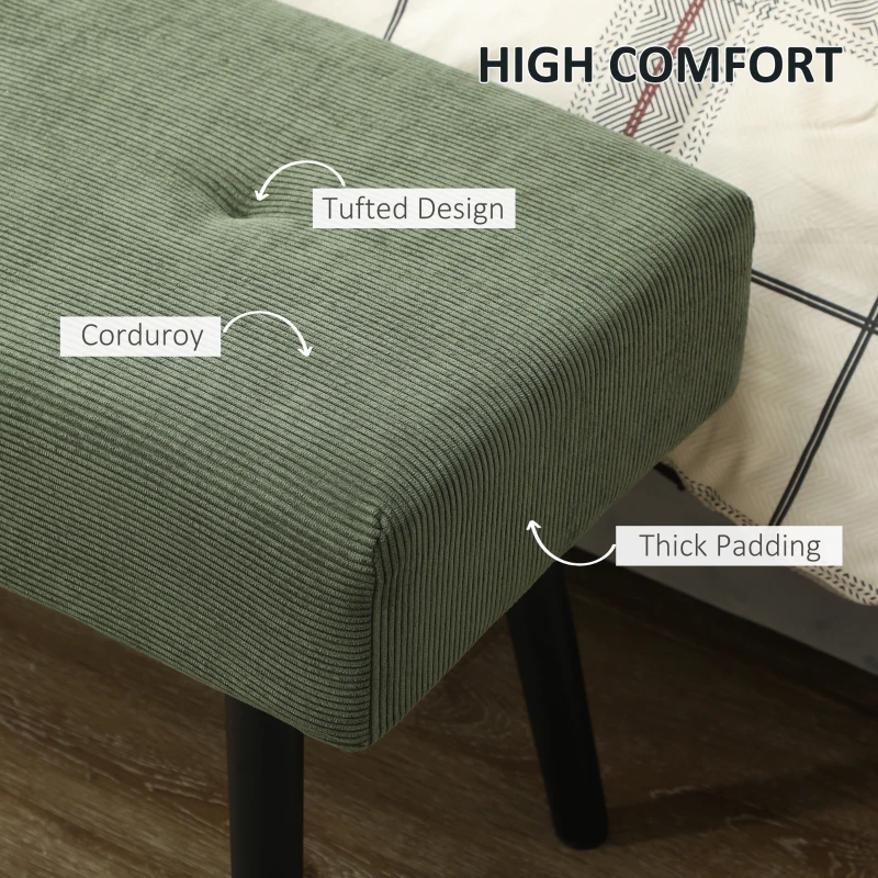 HOMCOM 39" Upholstered Ottoman Bench, Corduroy Entryway Bedroom Bench with Padded Seat and Steel Legs for Bedroom, Green