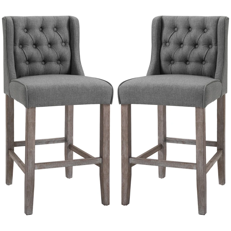 HOMCOM 26.25" Counter Height Bar Stools, Tufted Wingback Armless Upholstered Dining Chair with Rubber Wood Legs, Set of 2, Gray