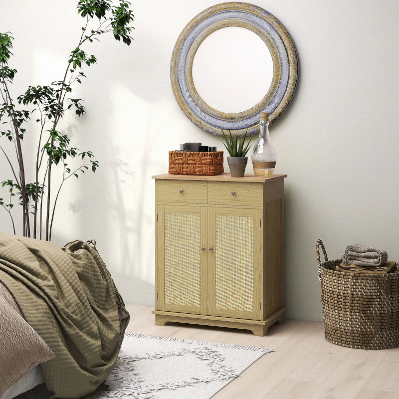 HOMCOM Kitchen Storage Cabinet, Sideboard Floor Cupboard with Solid Wood Top, Adjustable Shelf, and 2 Drawers, Natural