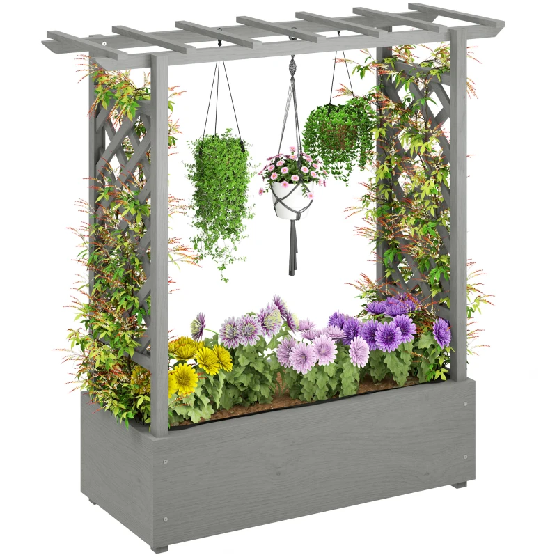 Outsunny Wooden Raised Garden Bed with Trellis, Outdoor Planter Box with Hanging Roof, Drainage Holes and Bed Liner