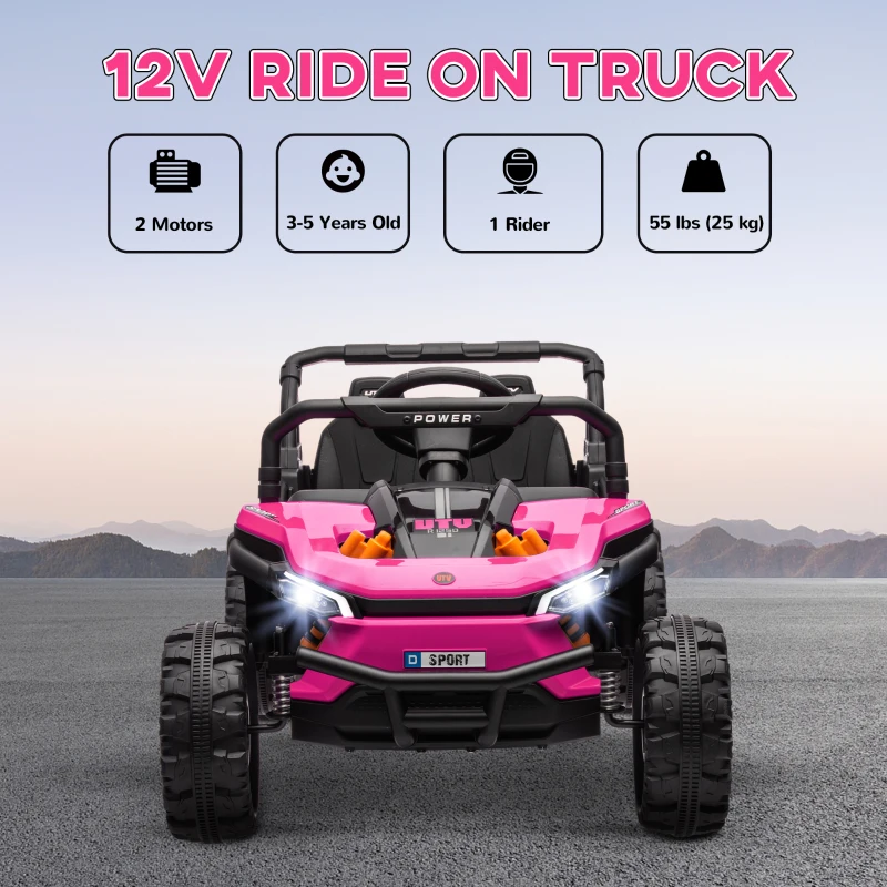 Qaba 12V Ride On Truck, Battery Powered Electric Car for Kids w/ Remote Control, 4-Wheel Suspension & LED Lights, Pink