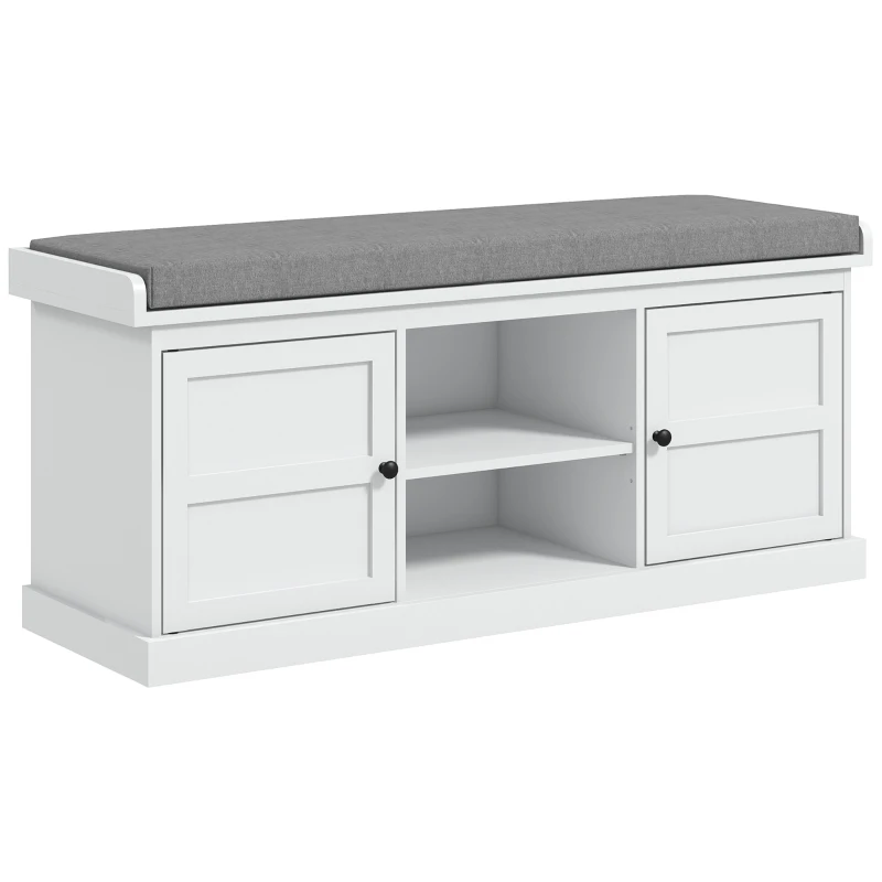 HOMCOM Shoe Storage Bench with Cushioned Seat, Entryway Bench Seat with 2 Cabinets and Adjustable Shelf for Hallway, White