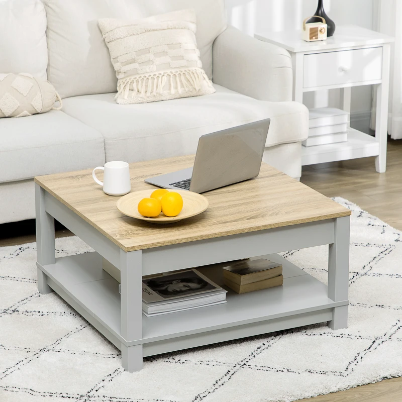HOMCOM Square Coffee Table with Storage for Living Room, Natural/Gray