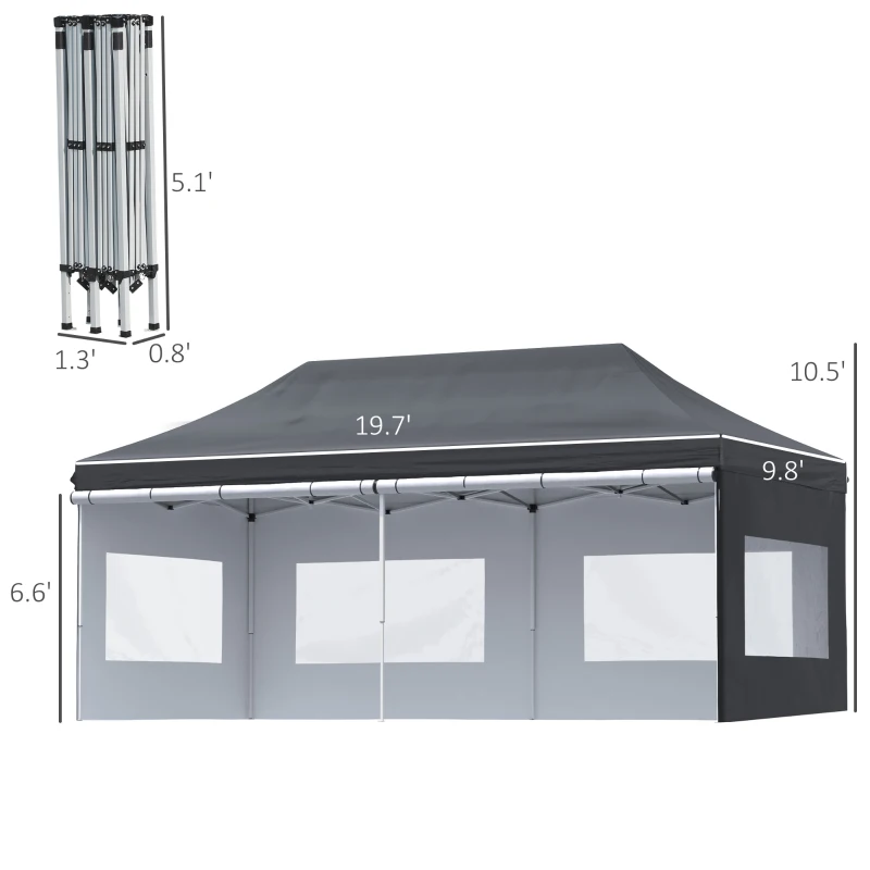 Outsunny 20' x 10' Folding Pop Up Canopy Tent with Sidewalls,  Windows, Weight Bags and Carrying Bag, Black