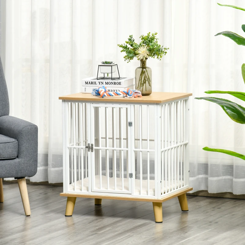 PawHut Dog Crate, Furniture Style Pet Cage Kennel, End Table, Decorative Dog House, with Soft Cushion, Wooden Top, Door, for Small Dogs, Indoor Use, Oak