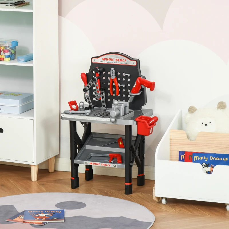 Qaba Kids Tool Bench, Toddler Construction Workbench, Pretend Play Workshop with Shelf Storage Box, Electric Drill for Aged 3-6 Years Old
